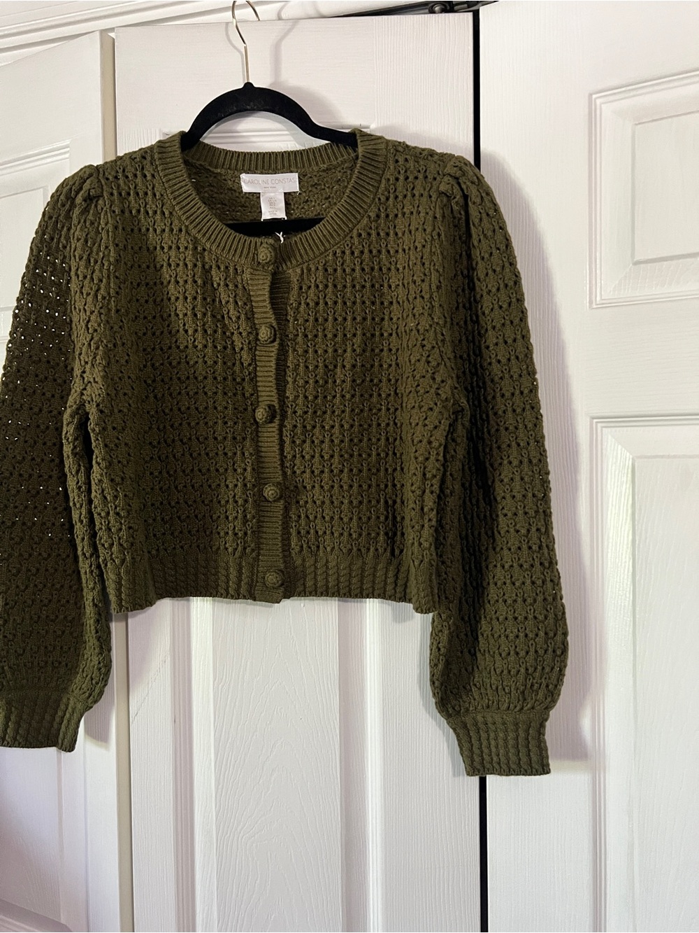 Caroline Constas Olive Green Cropped Crochet- Knit Button Cardigan